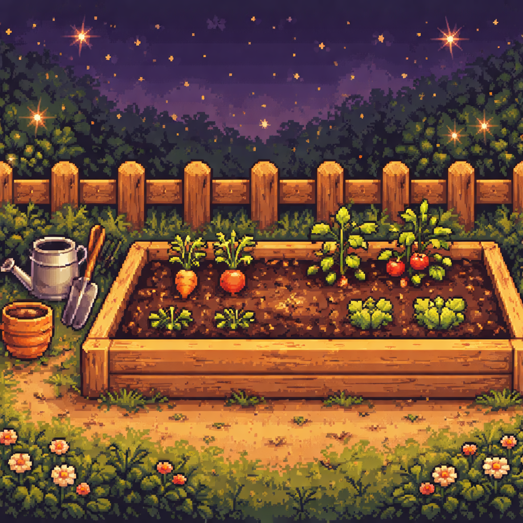 Focus Garden with pixel-art plants growing in different stages